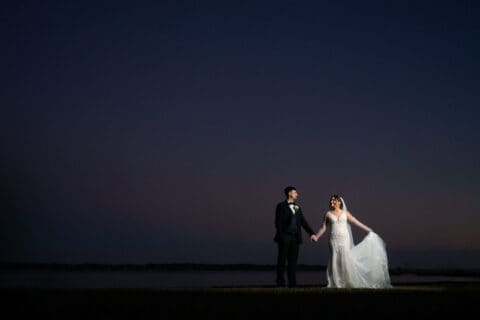 Bride and groom portrait during sunset